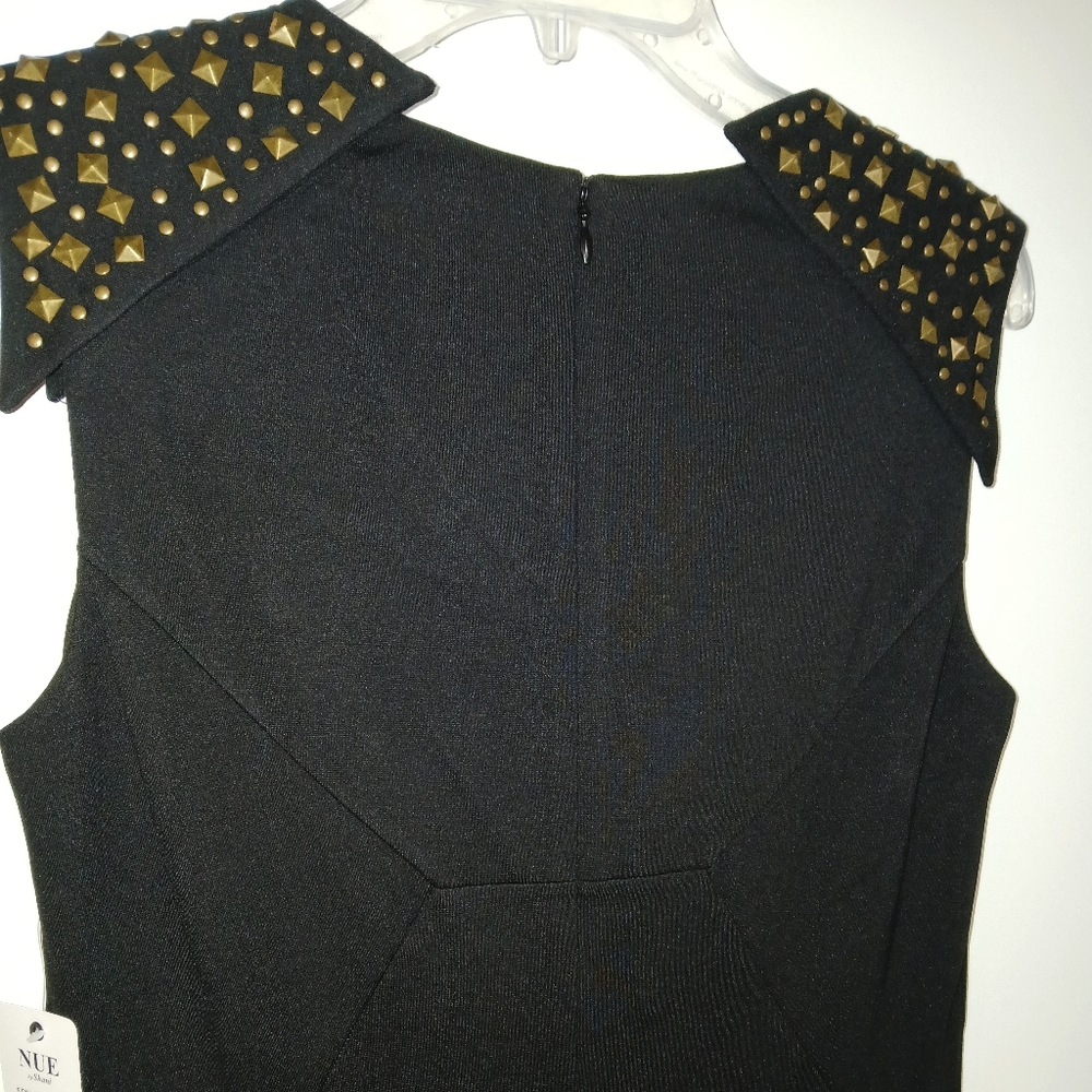 Nue by Shani Black Dress with Gold Studded Shoulders, Size 8 - Picture 5 of 13